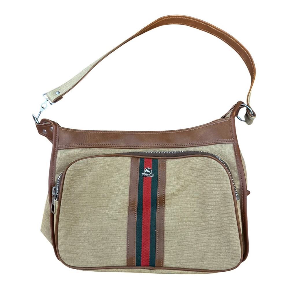 VTG 1970s Artel Canvas Crossbody Bag Leather Trim Red Green Stripe Messenger
